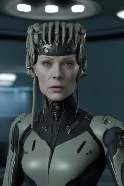 borg character from star trek. light grey skin, scalp implants, ocular eye implant on one eye, weapon implants, cubic borg spaceship in the background. sfw, 8k, realistic, hdr.
