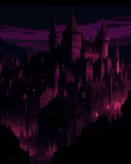 A dark magenta stronghold in a city at twilight designed in medieval tapestry painted by Henry-Robert Brésil