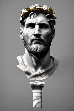 Ultra Realistic image, Roman sculpture, white marble material, Lionel Messi, gold Laurel wreath, chisel style, waist up portrait, epic, celestial, cinematic lighting, God light, god rays, 4k resolution, smooth details, ornate details, soft lighting, unreal engine 5, marble background.