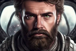 bearded man handsome space scifi photorealism serious eyes