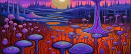 Violet marshlands with toxic glowing mushrooms designed in ancient Egyptian hieroglyphics painted by Edvard Munch