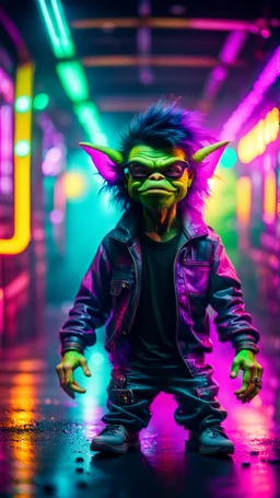 flipped spray paint portrait of Hairy Gremlin pimp ninja yoga cyber punk in flying hipster tractor parked in dark neon lit reflective misty wet arcade hall tunnel,bokeh like f/0.8, tilt-shift lens 8k, high detail, smooth render, down-light, unreal engine, prize winning