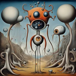 enhanced surrealism, malignantly useless strange times in need, bio-contrivances, absurd, by Otto Rapp and Desmond Morris and Joan Miro, mind-bending abstract surreal image, weirdling surrealist structures, too many legs, too many eyes, transparent glass torso, impossible anatomy, shifting landscape