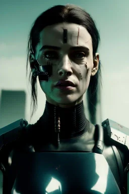 portrait post-apocalypse ,latex cyborg in a cyberpunk city, sci-fi fantasy style, 8k,dark coloursA portrait post-apocalypse cyborg Sofia Boutella in a cyberpunk city, sci-fi fantasy style, 8k, volumetric lighting, particales,highly detailed,cinematic, deep scars on face,deep colours.