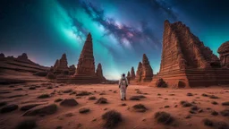 A lone astronaut exploring an abandoned, alien temple filled with intricate carvings and bioluminescent flora, multicoloured sky, intriguing, beautiful. Award-winning photograph, 80mm focal length, rule of thirds.