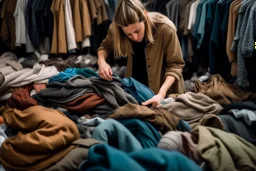 fotografía real, realizada con una cámara Canon y un objetivo de 35 mm, de una mujer europea seleccionando prendas de entre un montón de ropa.