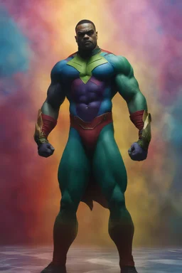 harry lennix, martian manhunter, extremely huge, overexaggerated muscles, posing and flexing in a front of the camera, random extreme action poses, an extremely colorful, multicolored foggy blue marble wall in the background with a colorful marble tile floor, multicolored lightning, realism engine,