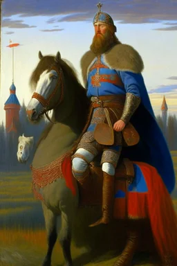 Ilya Muromets with an oklady beard is sitting on a horse, looking into the distance, with a spear in his hand, a sword hanging on his belt. in his other hand he has a shield on which the coat of arms of Russia is depicted. Back background of Russian nature. On the side is a border post of Russia.