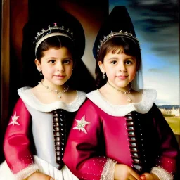 portrait of sisters Eira Santiago Arnau(ten year old, dark blonde) and Dalia Santiago Arnau (six year old, brunette) by Velazquez,smiling, oil on canvas, cinematic composition, extreme detail,8k,fit full head inside picture,