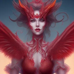 A full body portrait of a red dragon girl,smiling, wings, realistic,