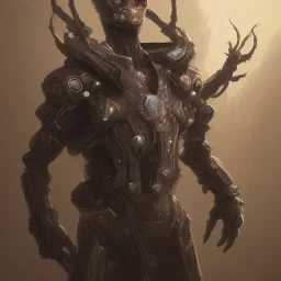 worrier human insect hybrid, exoskeleton armor, crystal light weapon, hollow black evil snake eyes, dead, infected skin