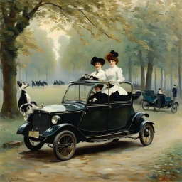 The Goldsmith Ladies in the Bois de Boulogne in 1897 on a Peugeot car, Julius LeBlanc Stewart, smile, dog