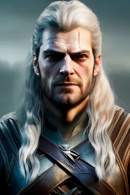 Henry cavil face, long white hair, wearing The witcher 3, realistic, 4k, intricate, best quality, fog particles, fire particles