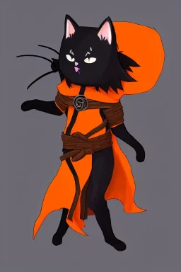 cat 2d, knight, ninja, black fur,full body, orange torn coat,game character, strong, anime