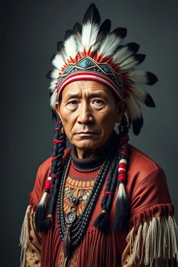 Traditional Native American , full body front view, looking at the you viewer, studio photograph, very aesthetic, highly detailed, brilliant composition, hyper realistic, photorealistic, subsurface scattering matt painting