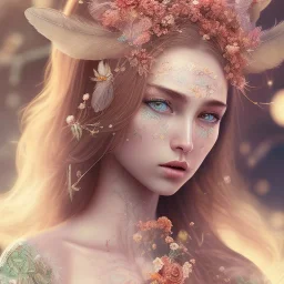 perfect woman, plant metal, feathers, long hair, butterflies, branches, plants, flower background, face paint, intricate, oil on canvas, masterpiece, expert, insanely detailed, 4k resolution, cinematic smooth, intricate detail, soft smooth lighting, snow