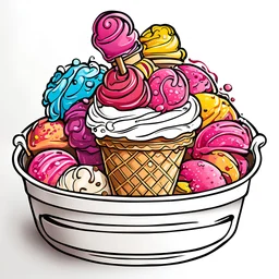 create a coloring book page of ice cream in a tub , high contrast, easy to color, bold outline, white background