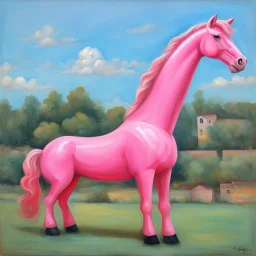 Big pink plastic toy horse.19th painting