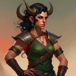 a beautiful dark haired tiefling woman in a sleeveless battle outfit,