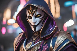 Jhin in 8k live action artstyle, white mask, normal eyes, wapen, close picture, neon lights, intricate details, highly detailed, high details, detailed portrait, masterpiece,ultra detailed, ultra quality