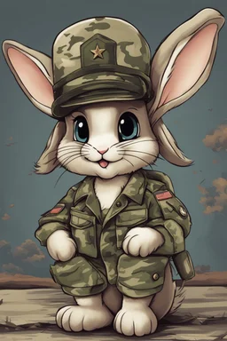 A pfp of a cute army bunny with army hat, camo shirt