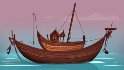 fantasy cartoon illustration: one new wooden boat old style