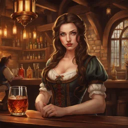 A young woman with pale skin and long brown hair in a fantasy tavern setting with intricate details. She is smirking, a tavern wench pouring a glass of whiskey, has intense red eyes, intimidating presence. High definition.