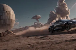 A Tesla 'Semi' (semi truck) is going at a high speed, within the trench of the Death Star. (CINEMATIC, WIDE ANGLE LENS, PHOTO REAL)