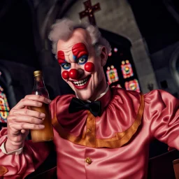 A clown that is looking Like the famous actor Randy West holding a bottle inside a church, little cartoony