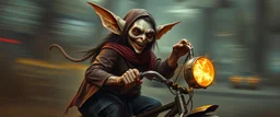 master oil painting by Rembrandt, scary ai sami gremlin woman loab on trike, motion blur background