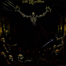 Title "SLAYER" heavy metal cover art, depiction of lyrics (Dance with the dead in my dreams Listen to their hallowed screams), by Larry Carroll and Arturo Souto, unsettling, surreal, sinister, profound, dramatic, macabre