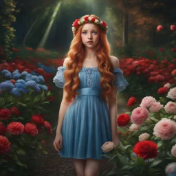 (best quality, 4k, 8k, highres, masterpiece:1.2), ultra-detailed, (realistic, photorealistic, photo-realistic:1.37),hyper realistic, 1girl,long hair,looking at viewer,realistic proportions,blue eyes,hair ornament,dress,very long hair,flower,red hair,parted lips,necklace,white dress,orange hair,lips,blurry background,freckles,realistic,head wreath,orange flower,realistic portrait