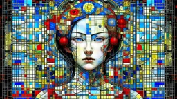 surreal Mondrian style with symmetric pixel art painting of A gothik female lunatic asian in a slightly different pose as a living yonic sculpture, her face double exposure with collage, chaotic abstract shift mpasto art, Disconcerting trippy collage, detailed, mythical symbol of greek, surrealism, anomaly seven heaven. Angellord, demonlord that seem almost sinister. The eerie glow with glitch error' from each compartment casts ghostly iridescent colors onto her dark, textured surface. The backg