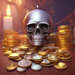 dynamic lighting, Intricately detailed, Splash screen art, deep color, Unreal Engine, volumetric lighting, silver coins, pile of coins, pirate treasure, stacked coins, indoors, candle, skull,