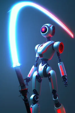 robot, red eyes, blue hair, light sword