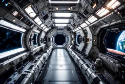 Corridor of a space station orbiting the Earth with large windows,professional photography,ultra detailed, ultra realistic, intricate, photorealistic, 8K, sharp focus, epic composition, masterpiece,DSLR camera Sony Alpha 7 50mm 1.8,medium shot,high-resolution image with fine details