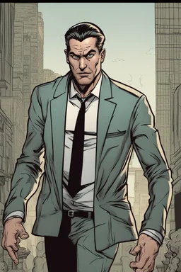 deranged man with slicked back hair, stubble and a judgmental look on his face comic book style