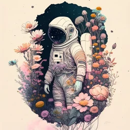 "floral astronaut" hand-drawn digital art, muted tones, flowers everywhere, colorful garden, beautiful galaxy, REALISTIC