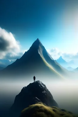 An unknown person standing on top of a large, beautiful mountain, depicted from afar in a realistic, imaginative way