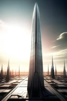 big obelisk pylon in center of futuristic city drawing power from the sun