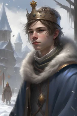 dnd, fantasy, high resolution, in a snowy northern town, portrait, noble teenager with a humble prince crown, medieval times, without wings