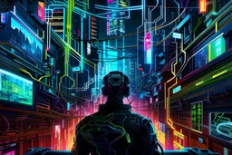 Poster of piercing AI entity bursting out of a wall of wires and technology. The art style is modern cyberpunk with a neon-lit cityscape background.