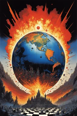 [art by Philippe Druillet] war bombs agony: a large, shattered globe in fire. each fragment of the globe represents a different country, with chess pieces resembling world leaders placed on top of these fragments.