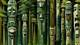 A dark green forest with tribal huts designed in pacific Northwest totem poles painted by Thomas Hart Benton