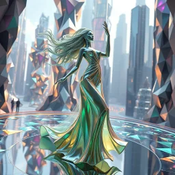 very complex structure ,pretty viberating color environment 3d metalic and crystal recursive animating beveled geometric base very complex structure future world evolving background and goddess realistic modern lady in pretty cleric dress comes out dancing gracefully , viberating color moving very in modern city escap environment while camera tracking it.