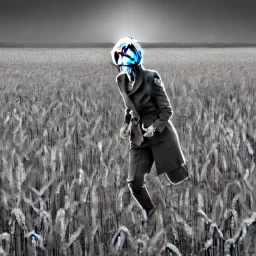 theresa may in robot armor, running through fields of wheat, sunshine, daytime, future, dystopian, hyperrealism