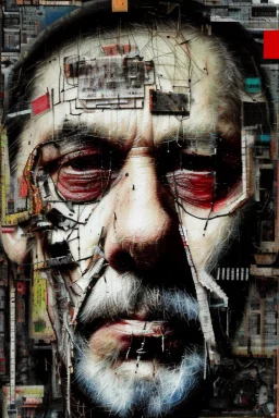 Zoomed in, Ultra detailed medium portrait painting of a tired middle-aged man, unshaved, worried look, suicidal, broken, torn up collage of clippings, broken circuitry background, matrix effects, punk visual art, punk art aesthetic, graffiti art, pop surrealism, collage art, cluttered paint glitches