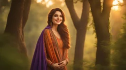 Hyper Realistic 3rd-rule-view of a Beautiful-Young-Happy-Pashto-Woman-with-beautiful-eyes-Smiling with-tradtional-dress-with-purple-shawl & breeze-whirling in a jungle-with-tall-trees & cloudy-sunset-&-sun-rays showing dramatic & cinematic ambiance