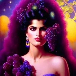 Hyperdetailed oil on canvas, gia carangi, detailed face, long hair, surrounded by luminous colorful sparkles, gypsy, grapes, blueberries, plums, sumac, purple by anne stokes, gaspar camps, maxfield parrish, alphonse mucha, cyril rolando, airbrush, depth of field, octane render, volumetric lighting; deep colors, symmetrical, cinematic, high coherence, golden ratio, rule of thirds, perfectly centered; anatomically correct faces, by james r. eads, ilon wikland art, vladyslav yerko, joanne scribner