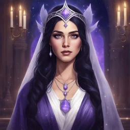 a court of thrones and roses; digital art; portrait; female; faerie; amethyst eyes; black hair hair; young woman; flowing robes; long veil; loose waves; silver circlet; soft clothes; navy blue and purple robes; High Fae; priestess; magic; priestess of magic; stars; cleric magic; young; pretty; absolute;